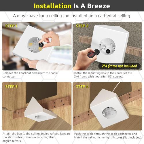Fan Mounting Box, Ceiling Fan Mounting Bracket, Ceiling Fan Mounting Box, Ceiling Fan Mounting Kit, Fan Mounting Bracket, Fits Cathedral Ceiling Angles of 80° or Up, White,1-Pack