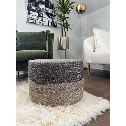 S & L Homes Pouf Ottoman - 100% Jute Braided Footrest Pouf Hand Knitted Traditional Cord Boho Pouffe for Living Room, Bedroom, Nursery, Patio, Lounge Colorblock - Natural Brown (20”x20”x10”)