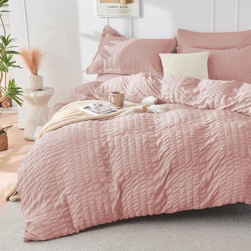 Light Pink Large Comforter Set Seersucker 7 Pieces, All Season Luxury Bed in a Bag for Bedroom, Bedding Set with Comforters, Sheets, Pillowcases & Shams