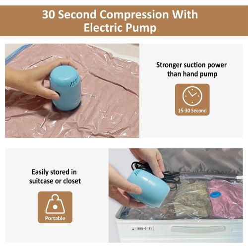 Clear 6 Pack Vacuum Storage Bags with Electric Pump, 6 Pack (2 Jumbo/2 Large/3 Medium), Space Saver Bags with Pump, Storage Vacuum Sealed Bags for Clothes, Comforters, Blankets, Bedding