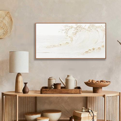 White and Gold Wall Art Small Size Framed Home Artwork Decor Hand Painted White wave with golden embellishments Modern Canvas Painting For Living Room Decor For Bedroom Office Wall Decor