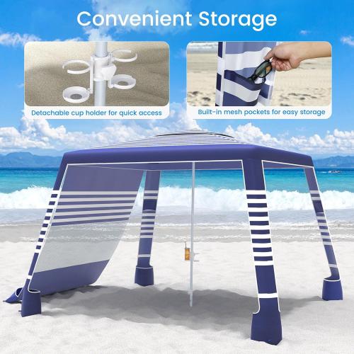 MoKo Beach Cabana, 8'×8' Large Beach Canopy with Side Wall, UPF 50  Protection Easy Setup Beach Tent Sun Shelter, Adjustable Height Wind Resistant Cabana Beach Tent for Whole Family, Navy Stripes