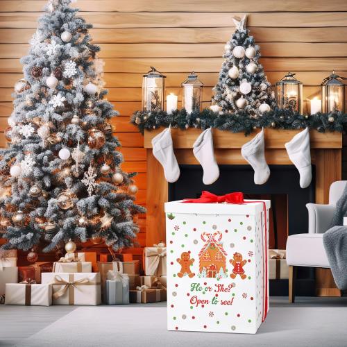 Hungdao Gender Reveal Balloon Box with Ribbon and 10 Pink and Blue Balloons Gender Reveal Games He or She Open to See for Party Decoration 12 x12 x16 (Gingerbread)