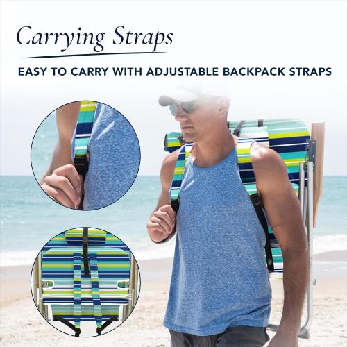 CARIBBEAN JOE Folding Beach Chair, 4 Position Portable Backpack Foldable Camping Chair with Headrest, Cup Holder, and Wooden Armrests