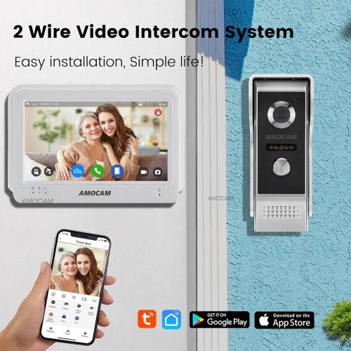 Wireless WiFi Video Doorbell Intercom System, 1080P Video Door Camera with Monitor, 7 Inch Touch Screen Video Door Phone, No Monthly Fees, Tuya APP Remote Intercom (Wired Power)