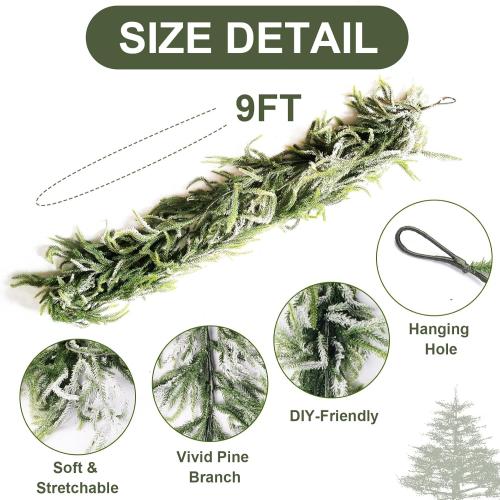 9FT Christmas Garlands Norfolk Pine Garland, Real Touch Artificial Winter Pine Garland, Green Artificial Greenery Garlands with Snowflake for Wall, Mantle, Table, Indoor, Outdoor Christmas Decorations