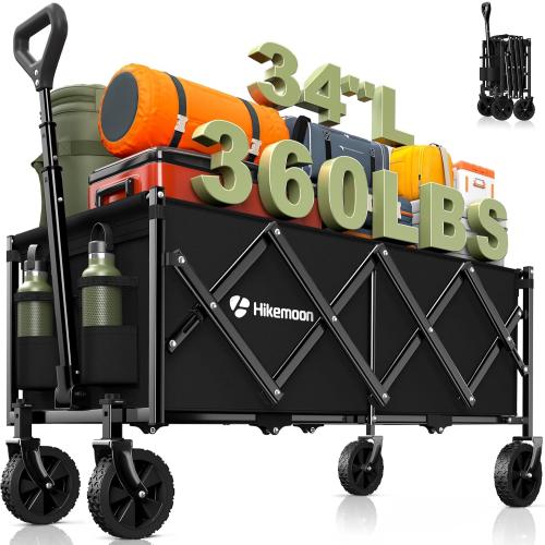 Hikemoon 34'' Extra Long Collapsible Wagons Carts Foldable, 360LBS Heavy Duty Folding Beach Wagon Cart with Wheels, Portable Utility Outdoor Wagon for Grocery, Shopping, Garden, Sports, Camping, Black
