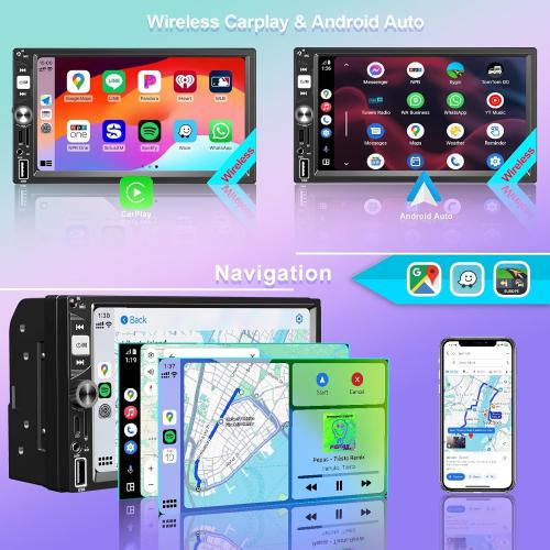 7” Wireless Apple CarPlay Double Din Car Stereo,FM Car Radio,Bluetooth 5.2,IPS Touchscreen 1024 * 600, Backup Camera,EQ Audio,Dual USB Type-c Charging,Subwoord,Android Auto,Navigation,CarPlay MP5