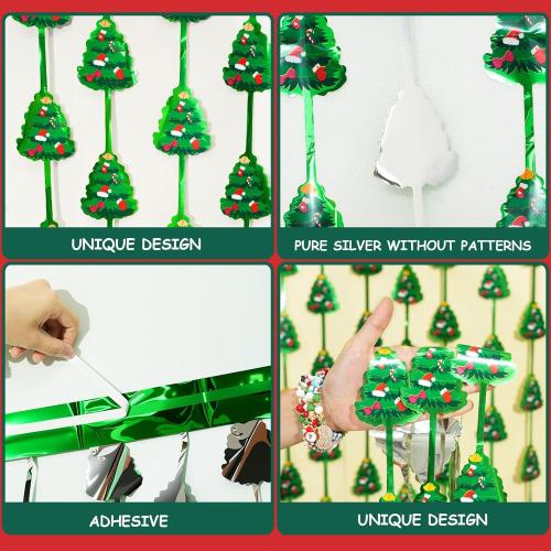 Christmas Party Backdrop Decorations 2 Pack 3.3x6.6ft Red Silver Green Photobooth Props Christmas Tree Pattern Metallic Tinsel Streamer Foil Fringe Curtains for Wall Door Ugly Sweater New Year