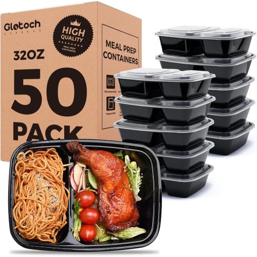 50 Pack (100-Piece) 32 oz Sturdy Leakproof 2-Compartment Meal Prep Containers with Lids, Plastic Food Storage Containers for Lunch, Microwave, Freezer, and Dishwasher Safe Takeout Containers