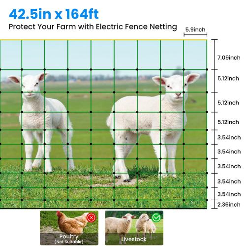 Size 42.5x 164 Color Green Electric Fence Netting, 42.5 H x 164'L, Electric Netting Fence for Cattle, Sheep, Goat, Hogs, Pre-Assembled, 14 Posts Double Spiked, Portable Livestock Nets Used in Backyards, Farms and Ranches