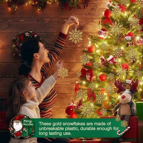 46 Pcs Gold Glitter Snowflake Ornaments Various Size Plastic Winter Snowflakes Ornaments Christmas Tree Decorations with Gold Rope for Winter Wonderland Christmas Tree Window Door Accessories