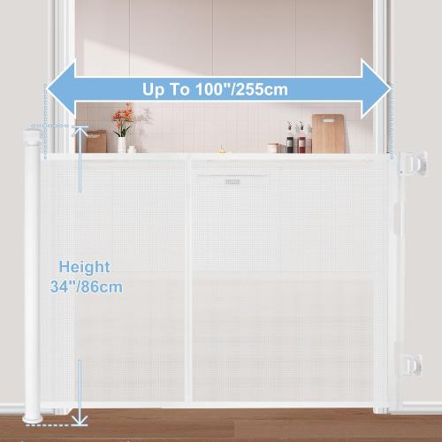 White 100″ Retractable Baby Gate – 34″ Tall Extra Wide Mesh Safety Gate for Open Floor Plans, Wide Doorways – Baby and Pet Barrier for Indoor Outdoor Use, White