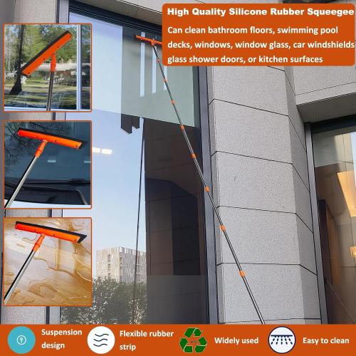 Orange 20  Feet High Reach Duster Kit with 3-14 ft Extension Pole // High Ceiling Dusting and Window Cleaning Kit with Spliceable Pole - Window Washer & Squeegee, Cobweb Duster, Fan Blade and Feather Dusters