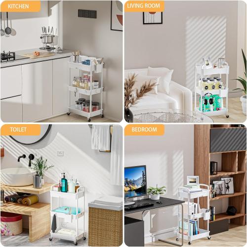 White 3 Tier Rolling Utility Cart with Drawer,REBECAT Utility Cart Made of Multifunctional Storage Organizer Tool for Kitchen,Bathroom,Living Room,Office(White)