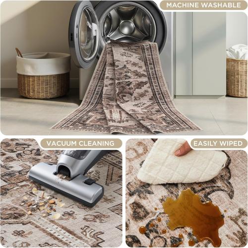Joydeco 8x10 Area Rugs for Living Room, Non Slip Machine Washable Vintage Rug, Low Pile Chenille Print Rugs for Bedroom, Dining Room, Home Office, Pet & Child Friendly, Light Coffee