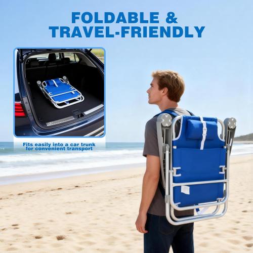 SUNNYFEEL Extra Wide 28 Low Beach Chair 5 Position Lay Flat, XL Oversized Portable Folding Camping Chairs with Cup Holder for Outdoor/Trip, Lightweight Foldable Backpack Beach Chair for Adults