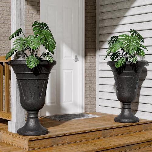 Tall Plastic Urn Planters and Pedestal - 24 Outdoor Planter Black | Weather-Resistant Plastics HDPE with Drainage Holes, Modern Trophy Design Vase, Large Flower Pot Porch Door, Set of 2