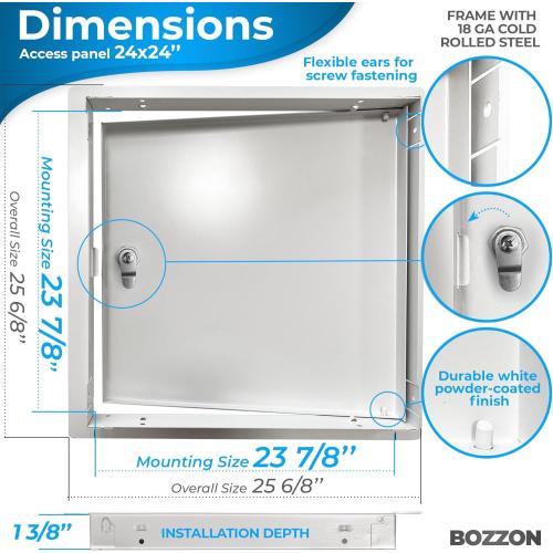 BOZZON Access Panel for Drywall 24 x 24 inch – Metal Door with Key Lock, 18 GA Steel Frame, Wall Hole Cover, Plumbing Access Door, White