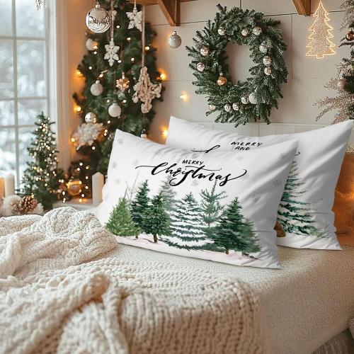 Lanpn Christmas Queen Pillowcase 20x30 Set of 2, White Forest Decorative Lumbar Pillow Cases 20 x 30 Long Rectangle Accent Queen Shams Throw Bed Pillow Covers Xmas Cushion Cover 2 Pack