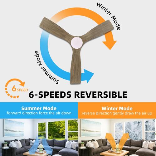 WINGBO 48 Inch Flush Mount DC Ceiling Fan, 3CCT Dimmable Light, 3 Carved Wood Blades, 6-Speed Noiseless Reversible DC Motor, Hugger Low Profile Fan, Graphite Finish with Gray Blades, ETL Listed