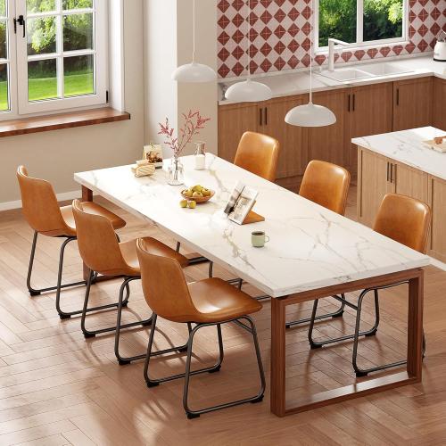 18 Inch Dining Chairs Set of 4, Modern Upholstered Dining Room Dining Chairs with PU Leather Cushions and Metal Legs, Mid Century Modern Armless Chair and Upholstered Seat, Brown