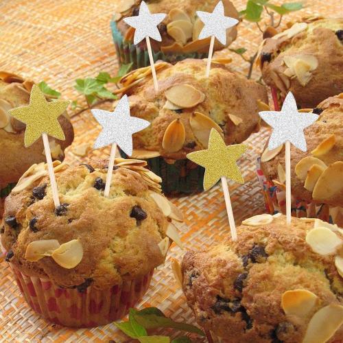 Pistha 50 Pcs Star Cupcake Toppers Glitter Twinkle Star Cupcake Picks for Wedding Baby Shower Birthday Party(Gold,Silver)