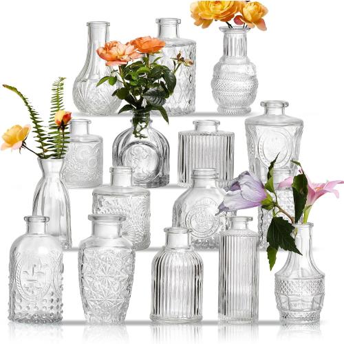 Color Clear Glass Bud Vases Set of 16 - Assorted Small Mini Glass Vases for Flowers, Crystal Vintage Vase Set, Bulk Centerpieces for Table Décor, Wedding, Home and Events (Clear, 16 Pcs)