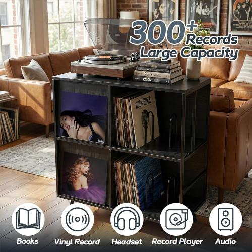 Faesun 3 Tier Flip Top Record Player Stand, Vinyl Record Storage Holds up to 300  Albums, Large Record Player Cabinet, Vintage Turntable Stand with Vinyl Display, for Living Room Bedroom, Black ‼️used product ‼️has some mild color peeling and bent wood‼️