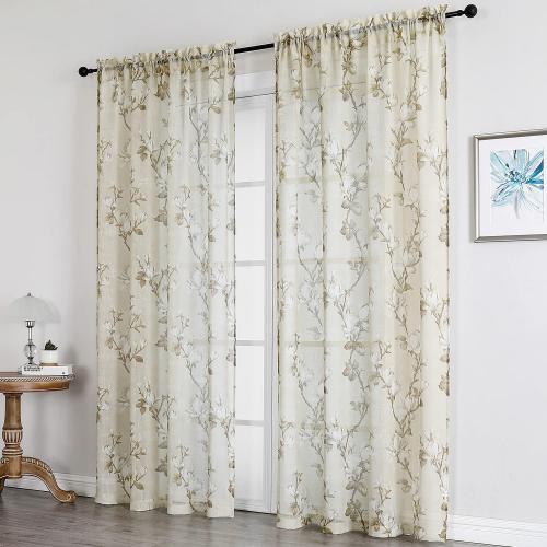 SMILE WEAVER Nature Yellow Sheer Curtains 54 inch Length for Living Room,Light Filtering Curtain 2 Panels,Voile Linen Textured Semi Sheer Floral Curtains for Bedroom/Kitchen Window Drapes