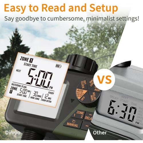 Diivoo Sprinkler Timer 2 Zone, Programmable Water Hose Timer 2 Outlet for Garden, Outdoor Automatic Irrigation System IPX5 Waterproof with Rain Delay/Manual for Lawn, Yard, Pool