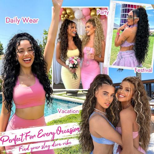 Black Hot Pink Curly Synthetic Drawstring Ponytail Extension | Lightweight 160g Natural Looking Heat Resistant Wavy Hairpieces for Women Daily Use Party 30 Inch Black Hot Pink Highlights