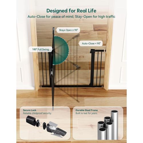 Babelio Extra Wide Baby/Dog Gate PressGuard P7, 29-55 Auto Close for The House and Doorway, Safety Pressure Mounted Pet Door, NO Need Tools and Drilling, Black