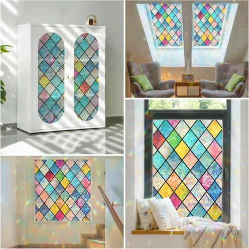 Haton Stained Glass Window Film, Rainbow Window Privacy Film, Decorative for Home Door 17.5 x 78.7