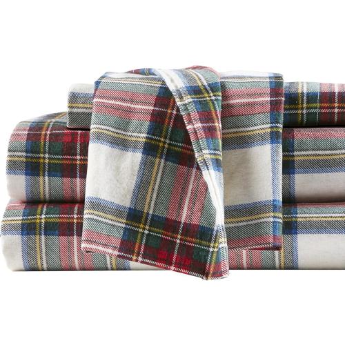 Comfort Spaces Cotton Flannel Sheets Cal King Size, Ultra Soft Flannel Sheet Set with 14 Elastic Pocket Fits up to 16 Mattress, Plain Print Warm Flannel Bedding, Scottish Plaid Red 4 Piece
