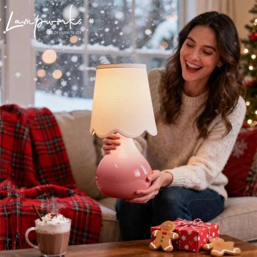 14''H Cordless LED Ambient Table Lamp, Rechargeable Ceramic Bedside Lamp with 3-Level Dimmable Soft Lighting, Linen Shade, Cozy Room Decor for Teens (Pink)