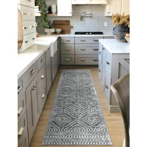 Wonnitar Moroccan Washable Kitchen Runner Rug 2'6x8', Non-Slip Dark Grey Boho Rug Runners for Hallways, Farmhouse Floor Carpet Soft Runner for Bathroom Hall Entyway (Dark Grey,2'6x8')