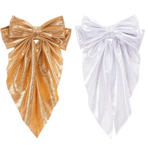 Gold & Silver Christmas Hair Bows, Shiny Satin Bow with Long Tail Hair Clips for Women, French Hair Accessories for Girls, Teens, Hair Barrettes for Parties/Weddings, Non-Slip Clip for Thick/Thin Hair