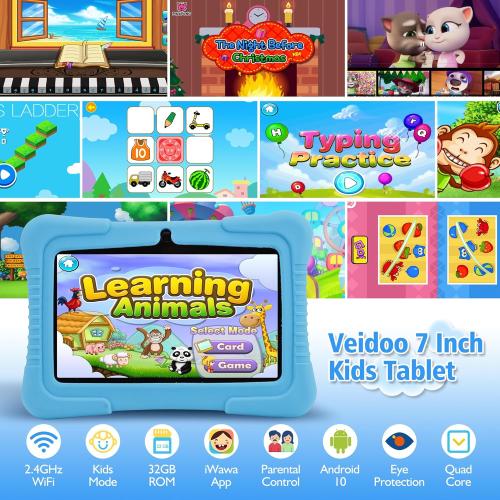 Veidoo Kids 7 Android Tablet PC, 2GB RAM, 32GB ROM, Safety Eye Protection, WiFi, Dual Camera, Games, Parental Control APP, Blue Silicone Case