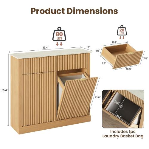 Double Tilt Out Trash Can Cabinet,20 Gallon Fluted Laundry Hamper Cabinet with 2 Drawers,Freestanding Wooden Hidden Garbage Can Cabinets with 2 Laundry Storage Basket for Kitchen,Living Room,Natural