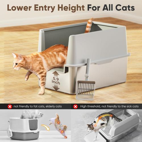 16 High Sides Stainless Steel Litter Box with Lid, XL XXL Extra Large Enclosed Metal Litter Box for Big Cats & Kitty, Never Absorbs Odors, Non-Sticky, Anti-Urine Leakage, Easy Cleaning