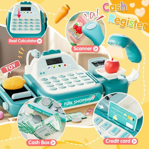 49Pcs Cash Register Toy Set for Kids, Pretend Play Grocery Store Cashier Playset with Conveyor Belt, Scanner, Weighing Scale, Calculator & Microphone, Toys Gift for Toddlers Ages 3-8 (Green)