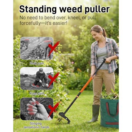 HAUSPROFI Stand Up Weed Puller Tool with 36-46 Inch Adjustable Long Handle and 50L Garden Bag, Heavy Duty 4-Claw Stainless Steel Weed Remover Tool with Automatic Rebound Design for Deep Roots