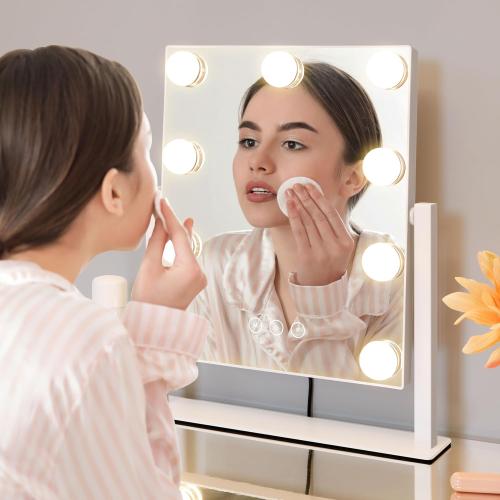 Vanity Mirror with Lights,Lighted Vanity Mirror with 9 Dimmable Bulbs for Dressing Room & Bedroom,3 Color Lighting,Modes Detachable 10x Magnification 360°Ratation(White)