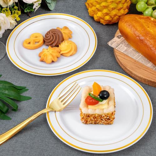 WELLIFE 240 Pcs Disposable Dessert Plates with Gold Plastic Forks, 120 White 6.5 Inch Appetizer Cake Salad Plates with Gold Rim, Party Tableware Set for 120 Guests, Wedding, Birthday, Catering