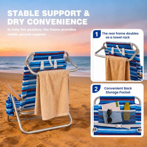 SUNNYFEEL XL 28 Extra Wide Beach Chair for Adults,Low Backpack Beach Chair | 5-Position Lay Flat Reclining, 500 lb Heavy Duty Folding Chair with Pillow & Cup Holder, Darkblue Stripe