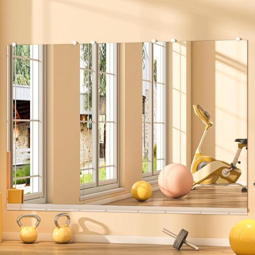 Hasipu Home Gym Mirror, 48x24 Each, 2-Pack Frameless Wall Mounted Mirrors with Glass Clamps & 1 Aluminum Rail, Large Body Mirror for Home Gym, Yoga Studio, Bedroom, Silver Tempered Glass