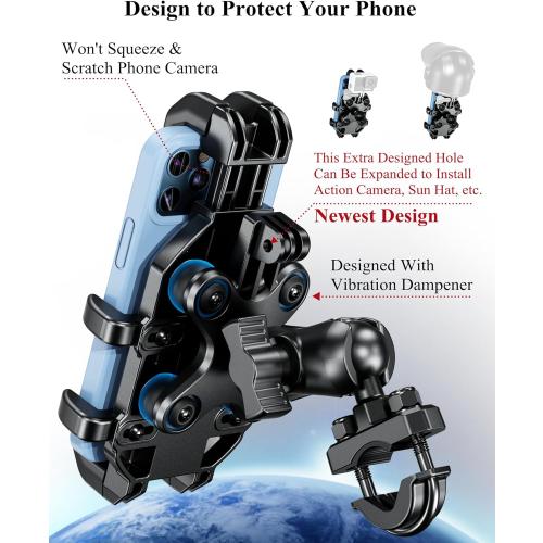 BRCOVAN Motorcycle Phone Mount Holder with Vibration Dampener, Anti-Shake Handlebar Cellphone Cradle for Bike Bicycle Scooter ATV, Adjustable Fit 5.4-6.9'' Smartphone