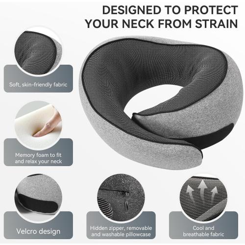 SZXYX Travel Pillows - 100% Pure Memory Foam Neck Pillow for Airplanes, Comfortable Breathable Cover, 360° Support Stowable Pillows for Sleeping, Car, Airport Travel Essentials Dark Grey
