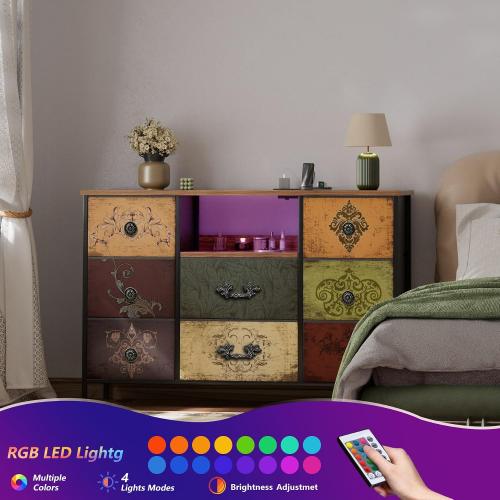 VASICAR Pattern Dresser with LED Lights and Power Outlets, Dresser TV Stand with 8 Drawers for 55 TV, Fabric Chest of Drawers for Bedroom, Living Room, Entryway